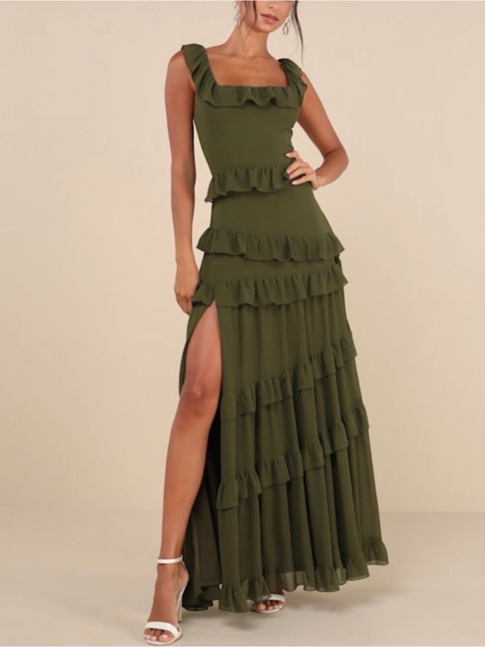 Lulus Compelling Romantic Olive Green Ruffled Tiered Maxi Dress